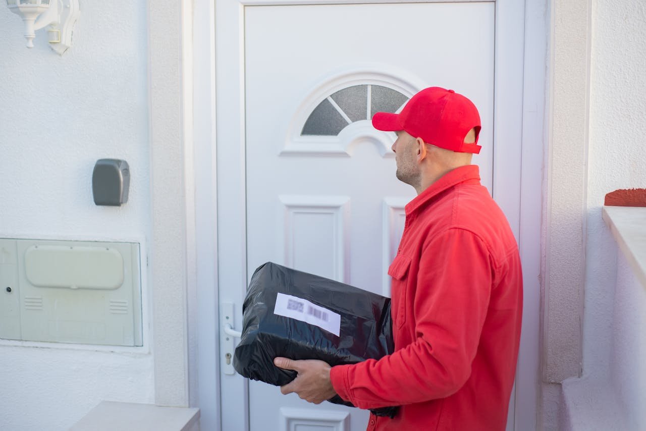A delivery man in a red uniform holding a package at a residential door.